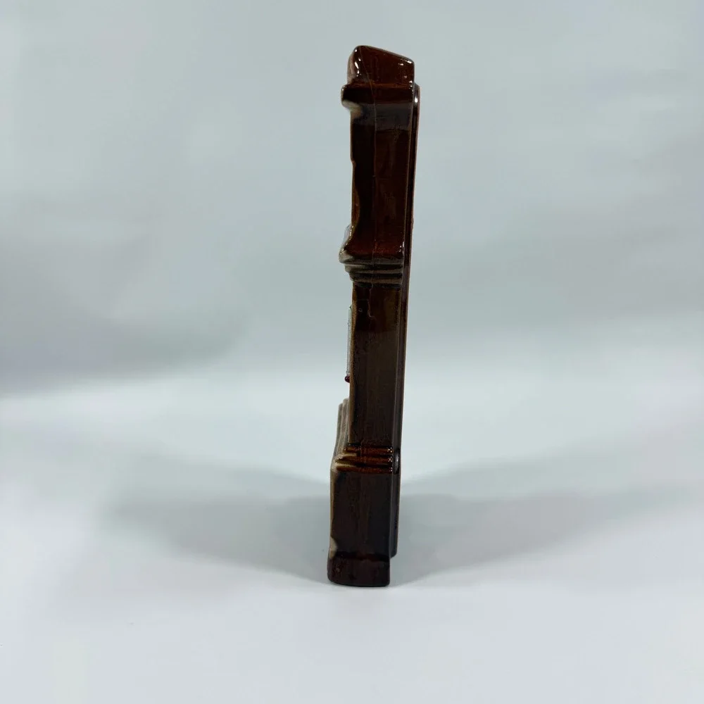 VTG Grandfather Clock Thermometer Ceramic‎ Brown Drip Glaze Japan MCM Home Decor